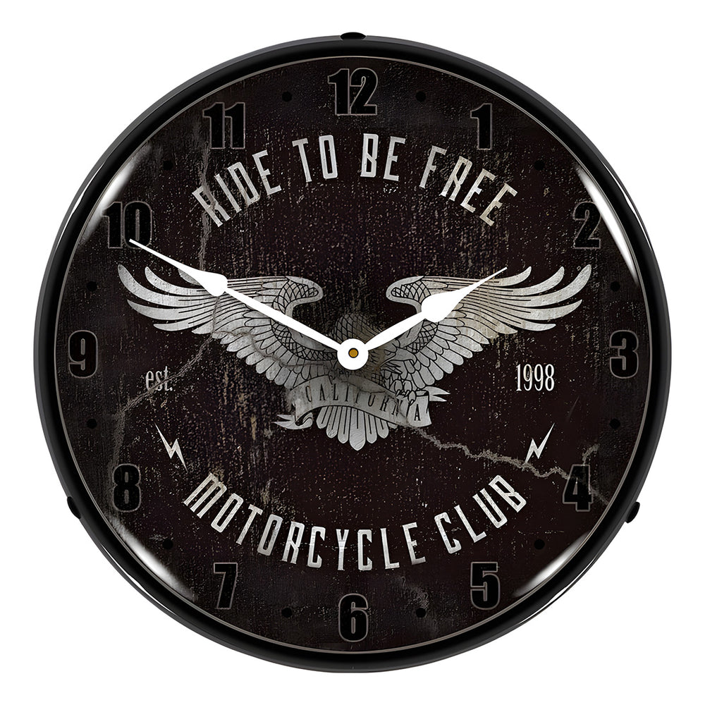 Collectable Sign and Clock Ride to be Free Motorcycle Club Backlit Wall Clock-AG20111183-Garage Giant