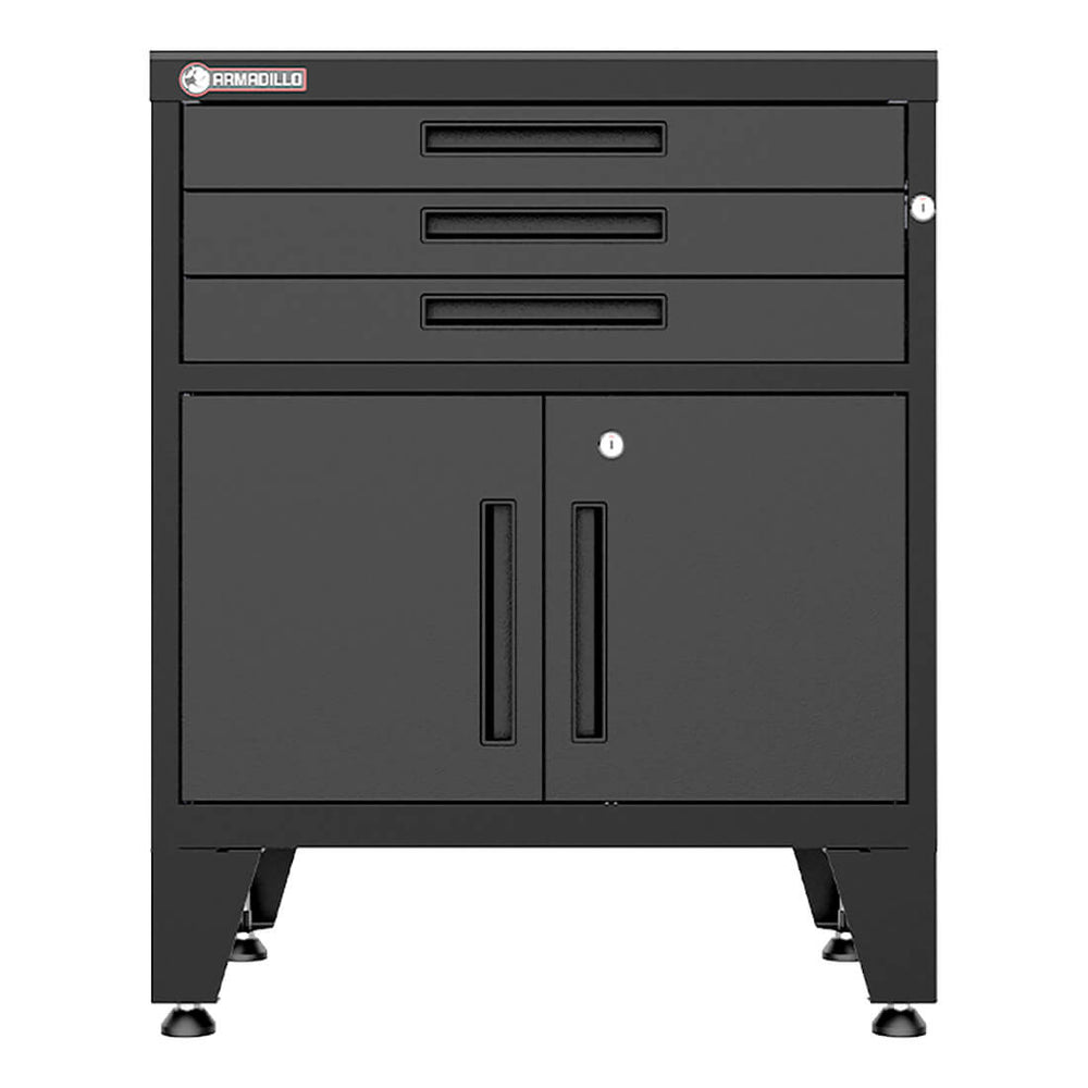 Armadillo Tough Black 3-Drawer 2-Door Cabinet Base Cabinet with Rubber Work Mat-AR3DR28BB-Garage Giant