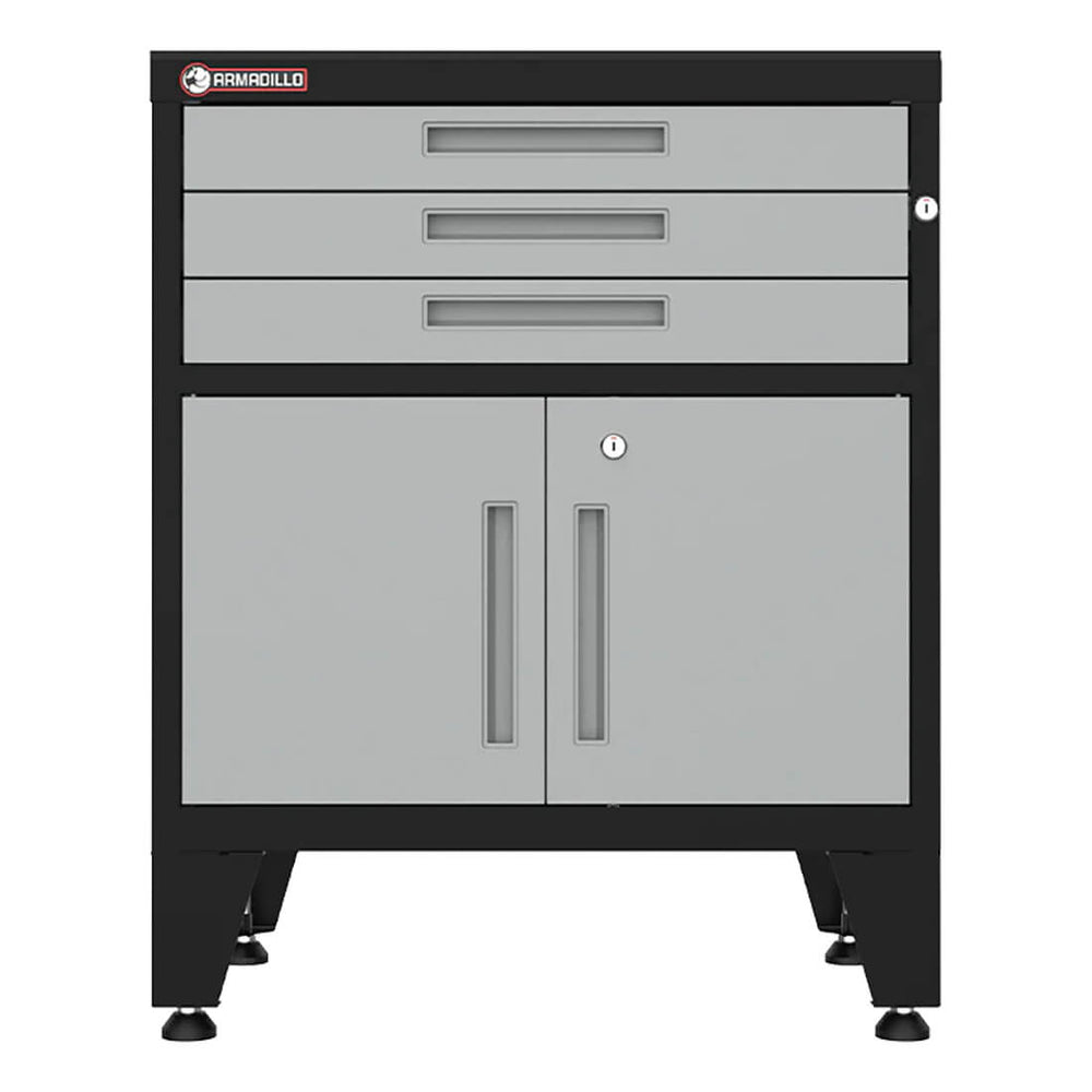 Armadillo Tough Grey 3-Drawer 2-Door Cabinet Base Cabinet with Rubber Work Mat