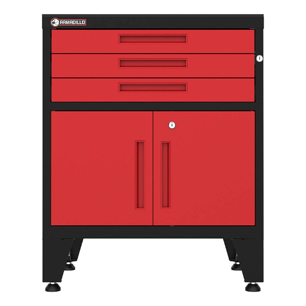 Armadillo Tough Red 3-Drawer 2-Door Cabinet Base Cabinet with Rubber Work Mat