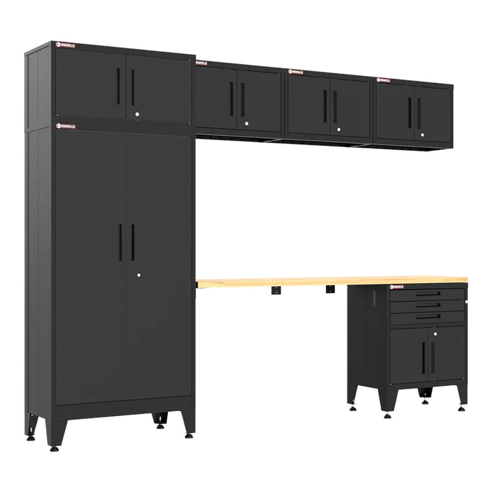 Armadillo Tough Black 7-Piece Garage Cabinet Set with Levelers and Casters
