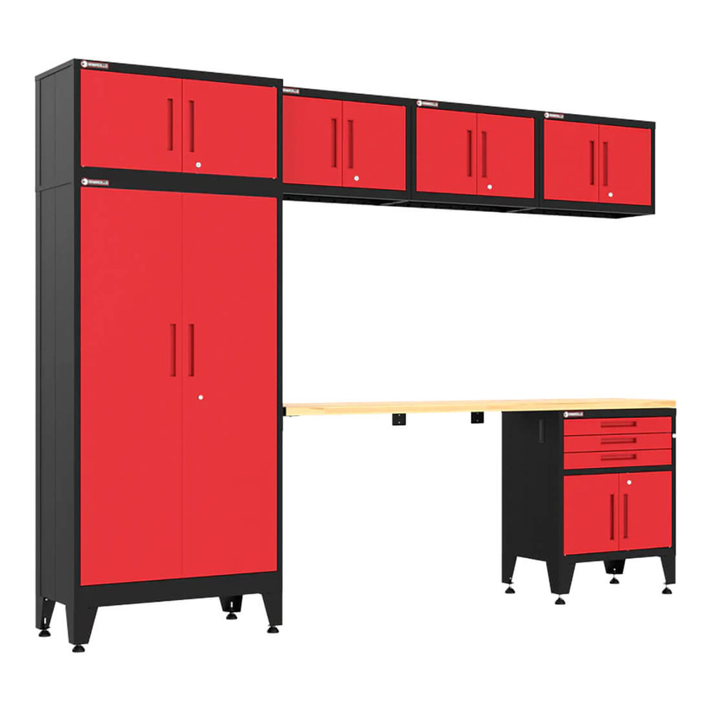 Armadillo Tough Red 7-Piece Garage Cabinet Set with Levelers and Casters