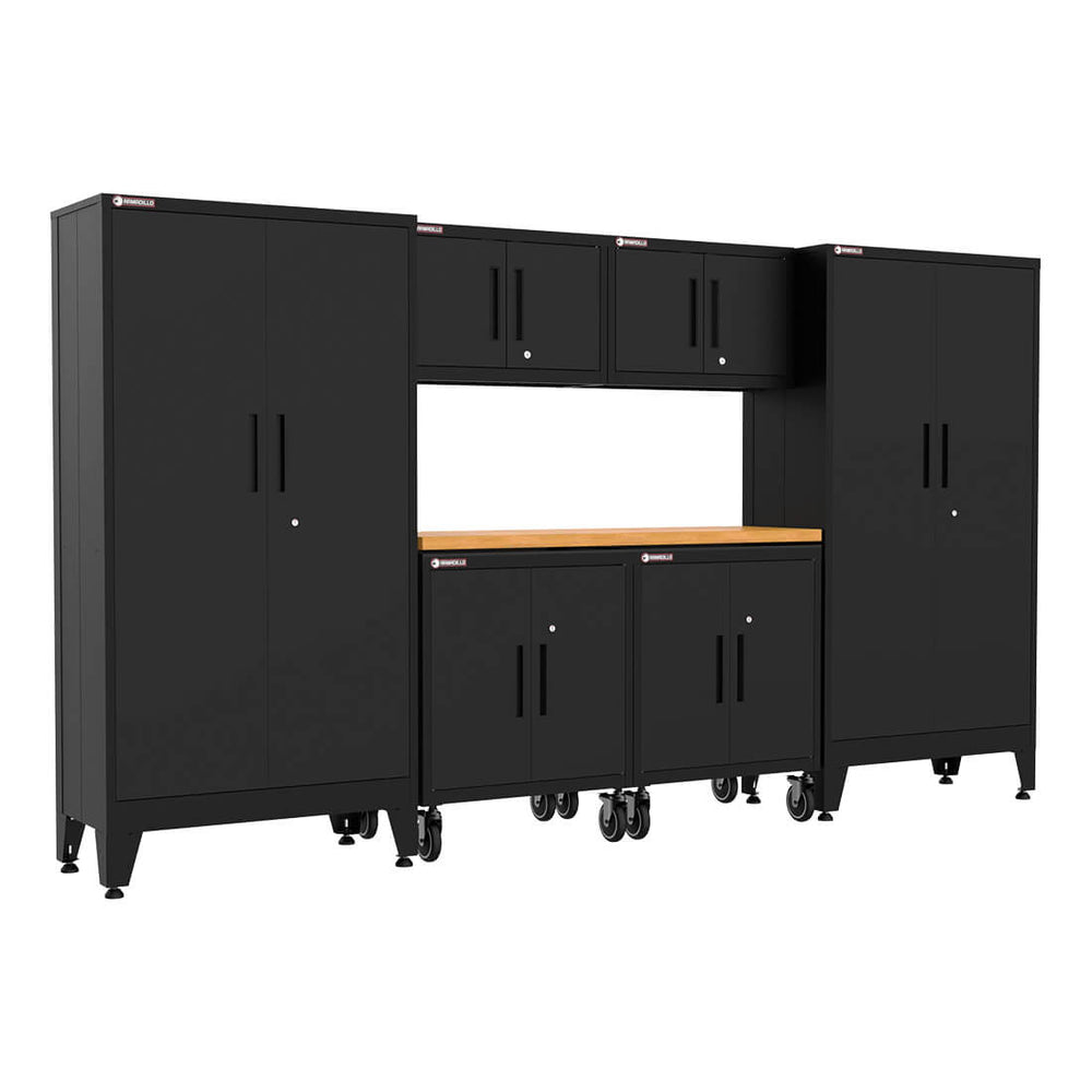 Armadillo Tough Black 7-Piece Garage Cabinet Setup with Levelers and Casters-AR7PC19B-Garage Giant