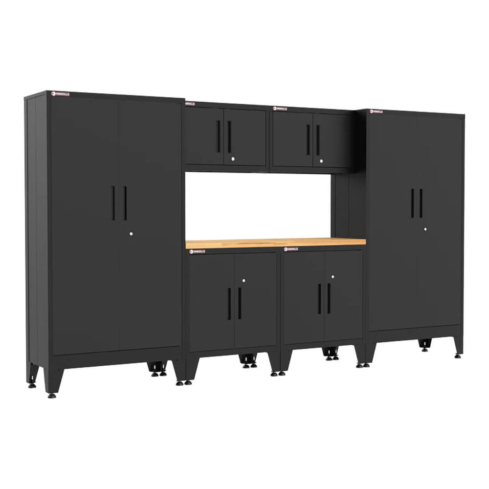 Armadillo Tough Black 7-Piece Garage Cabinet Setup with Leveling Feet-AR7PC93B-Garage Giant
