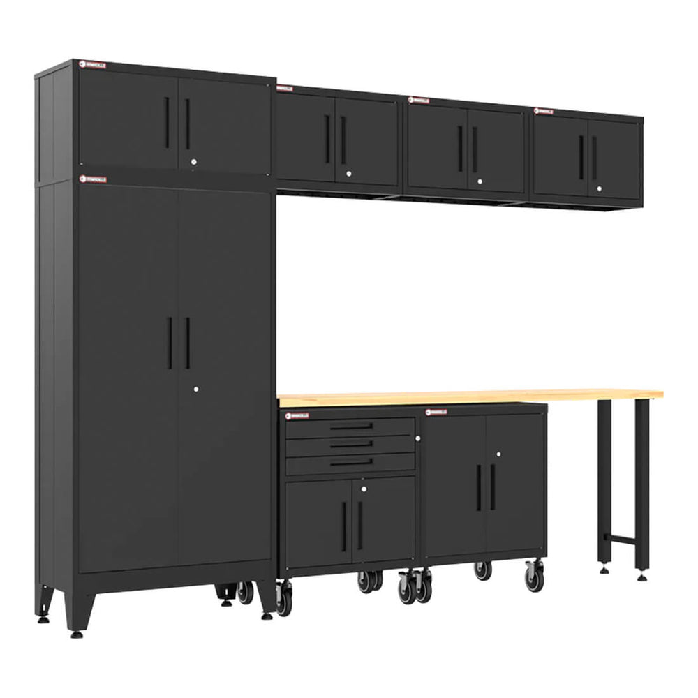 Armadillo Tough Black 8-Piece Garage Cabinet Set with Levelers and Casters
