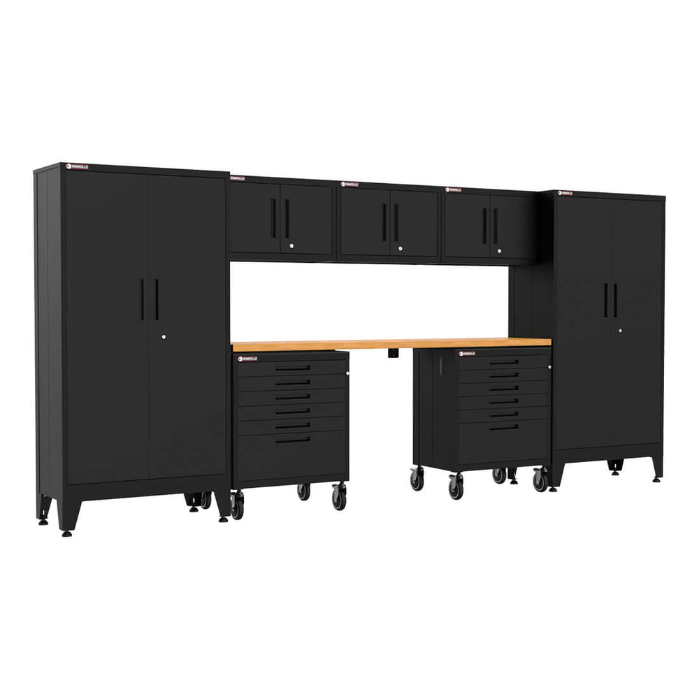 Armadillo Tough Black 8-Piece Garage Cabinet System with Levelers and Casters-AR8PC23B-Garage Giant