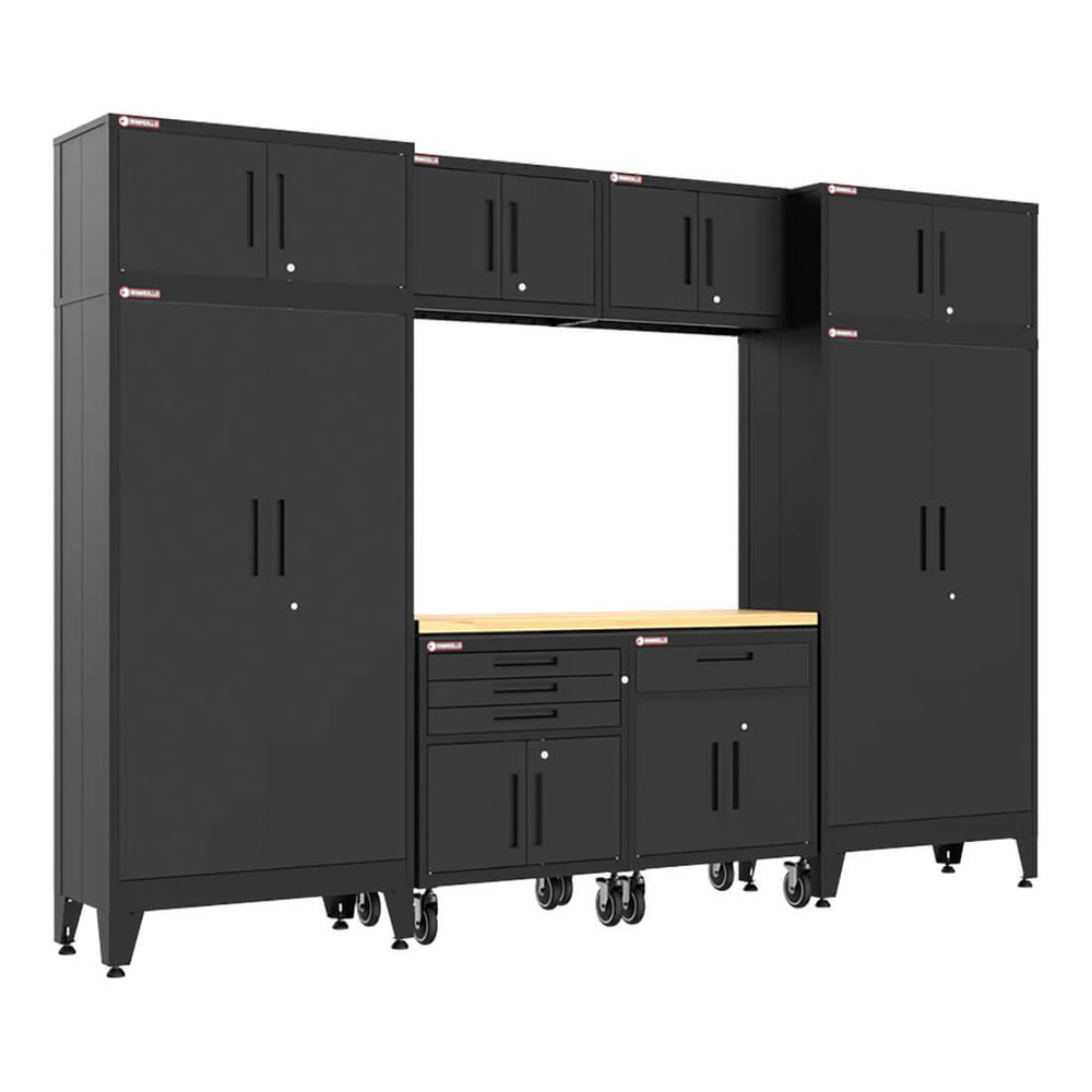 Armadillo Tough Black 9-Piece Garage Cabinet Set with Levelers and Casters