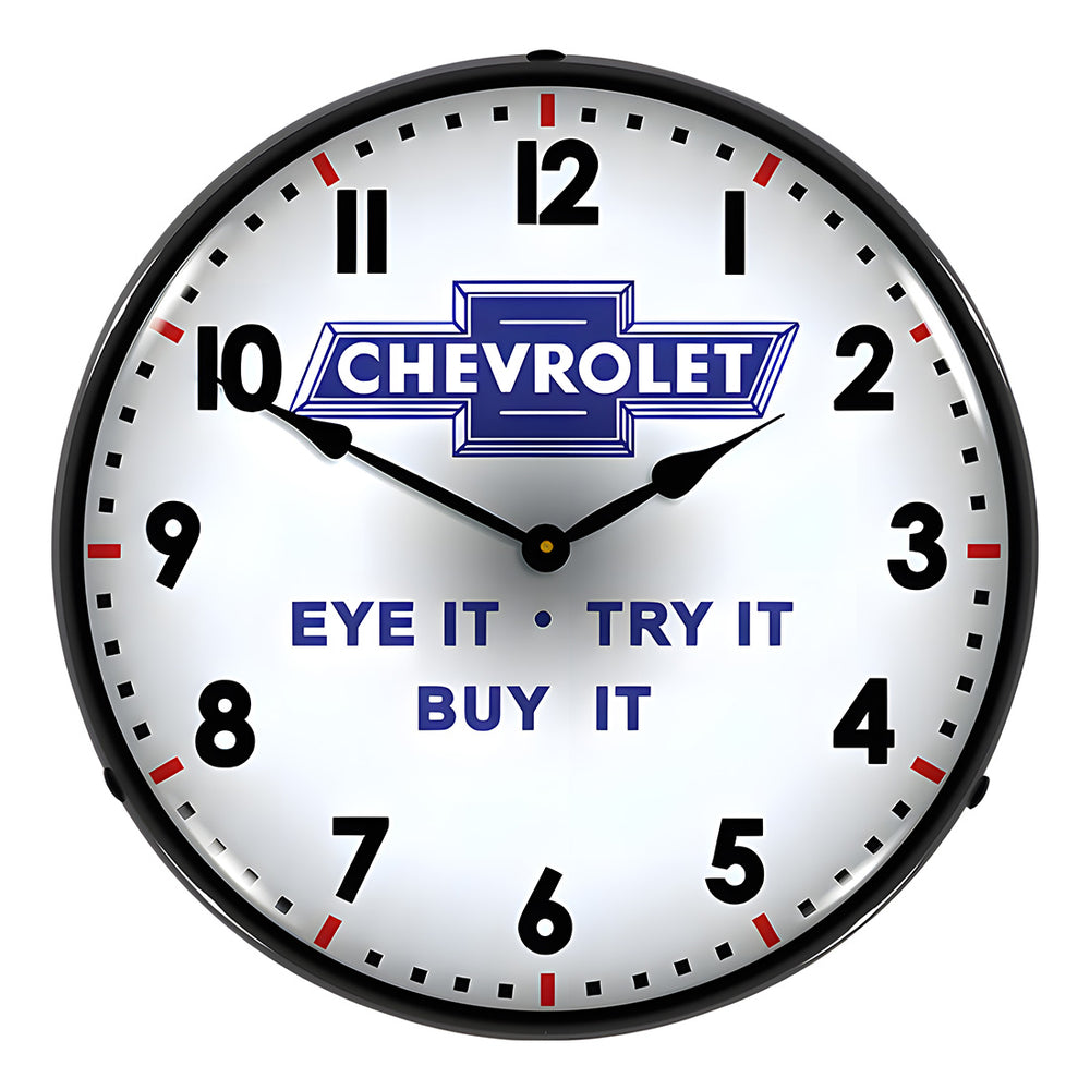 Collectable Sign and Clock Chevrolet Eye It Try It Buy It Backlit Wall Clock-GM-DC260-Garage Giant