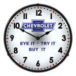 Collectable Sign and Clock Chevrolet Eye It Try It Buy It Backlit Wall Clock-GM-DC260-Garage Giant 