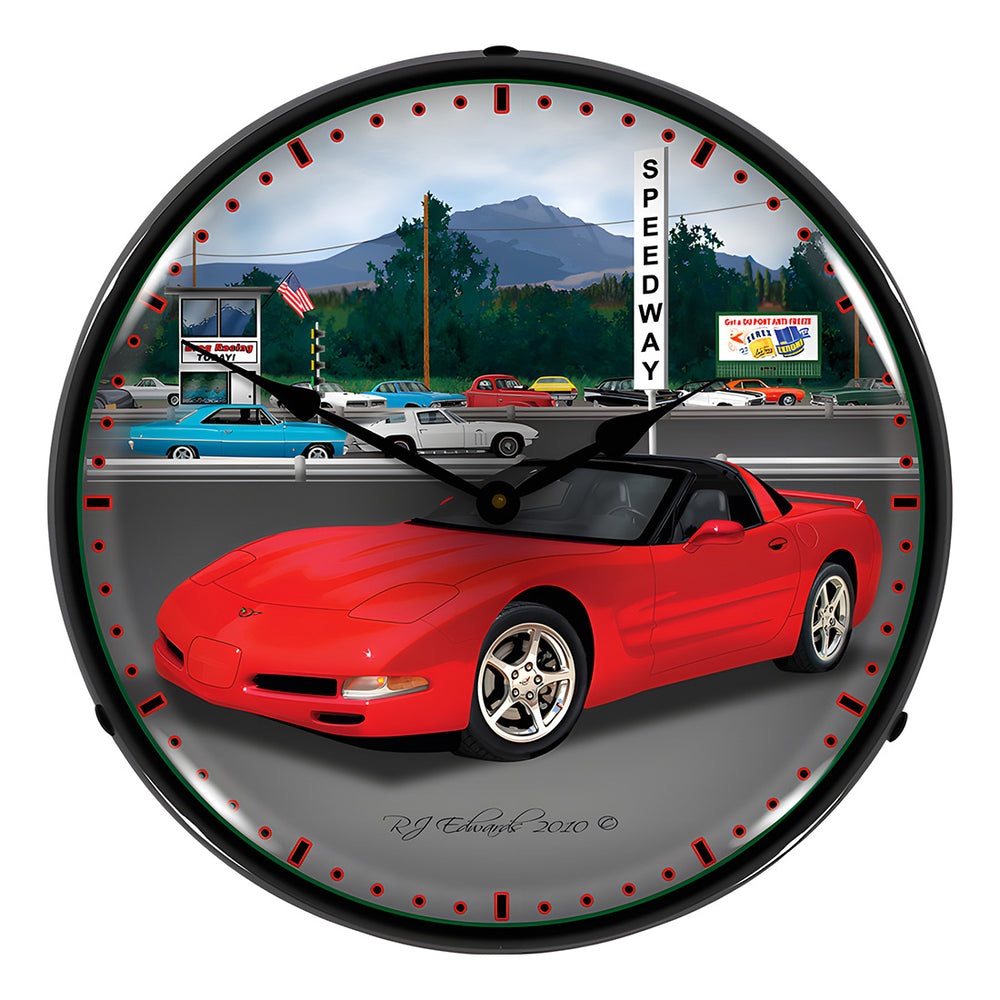 Collectable Sign and Clock Chevy Corvette Raceway Backlit Wall Clock-GMRE1010274-Garage Giant