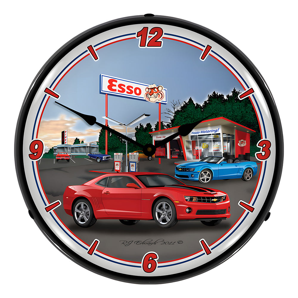 Collectable Sign and Clock Camaro Esso Station Backlit Wall Clock-GMRE1108329-Garage Giant