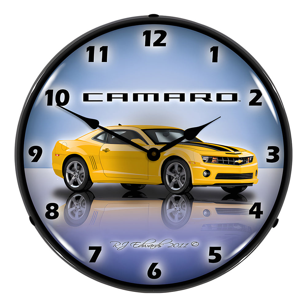 Collectable Sign and Clock Camaro G5 Rally Yellow Backlit Wall Clock-GMRE1108335-Garage Giant