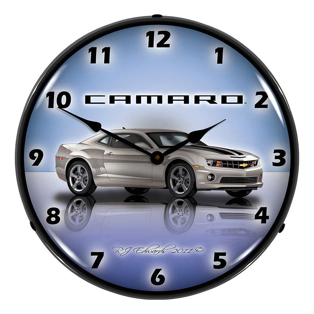 Collectable Sign and Clock Camaro G5 Silver Ice Backlit Wall Clock-GMRE1108337-Garage Giant