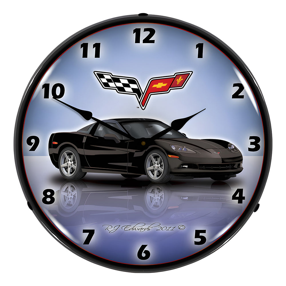 Collectable Sign and Clock C6 Corvette Black Backlit Wall Clock-GMRE1112343-Garage Giant