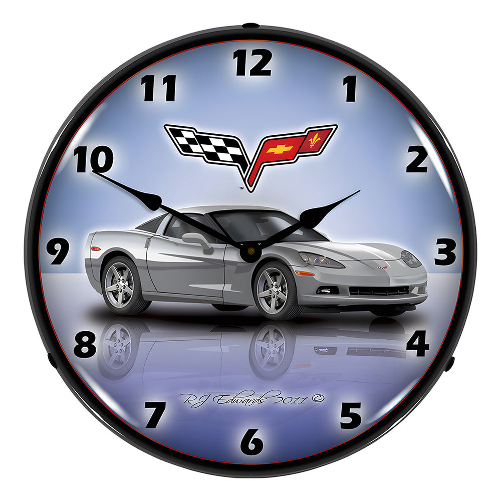 Collectable Sign and Clock C6 Corvette Blade Silver Backlit Wall Clock-GMRE1112344-Garage Giant