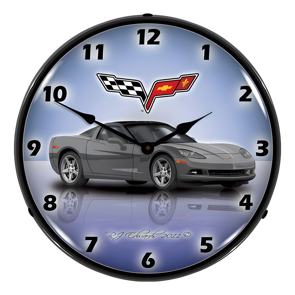 Collectable Sign and Clock C6 Corvette Cyber Grey Backlit Wall Clock-GMRE1112346-Garage Giant