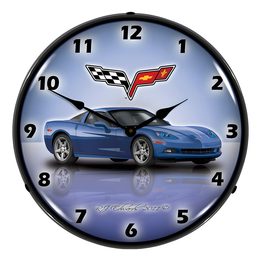 Collectable Sign and Clock C6 Corvette Jetstream Blue Backlit Wall Clock-GMRE1112348-Garage Giant