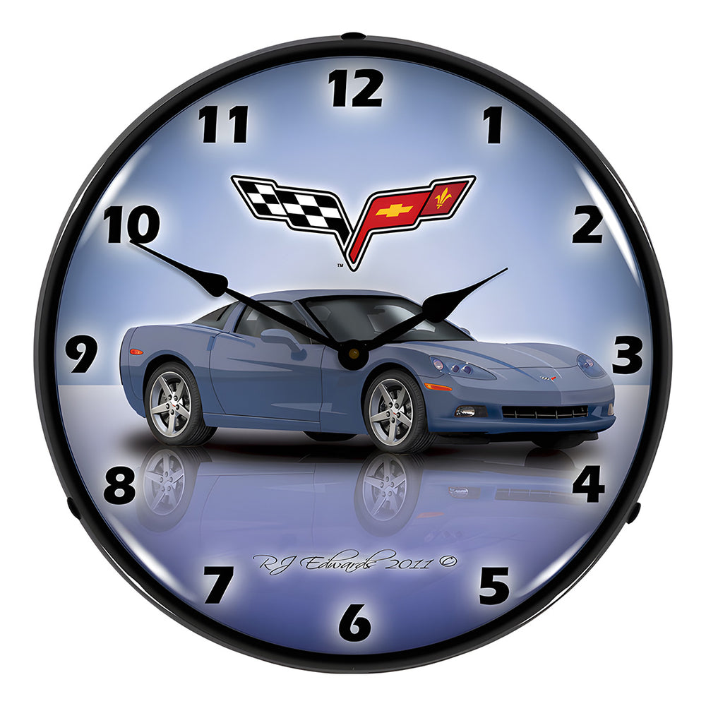 Collectable Sign and Clock C6 Corvette Supersonic Blue Backlit Wall Clock-GMRE1112349-Garage Giant