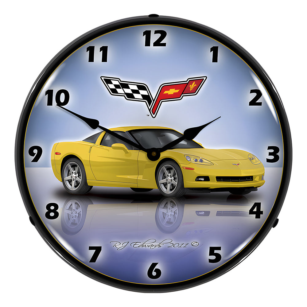 Collectable Sign and Clock C6 Corvette Velocity Yellow Backlit Wall Clock-GMRE1112350-Garage Giant
