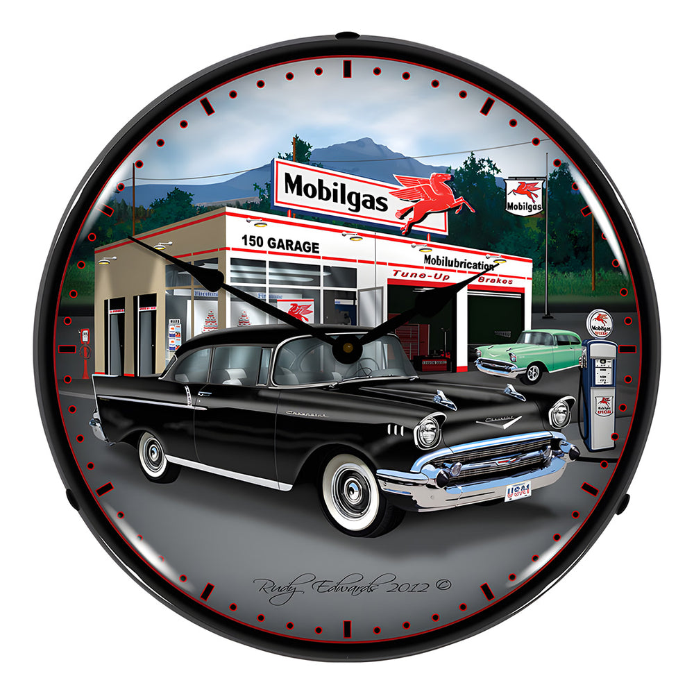 Collectable Sign and Clock 1957 Chevy Mobilgas Backlit Wall Clock