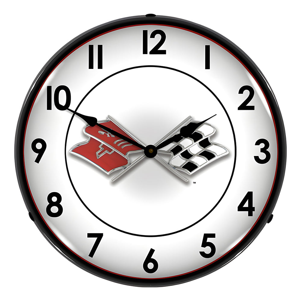 Collectable Sign and Clock Corvette Flags Backlit Wall Clock-GMRE1207410-Garage Giant