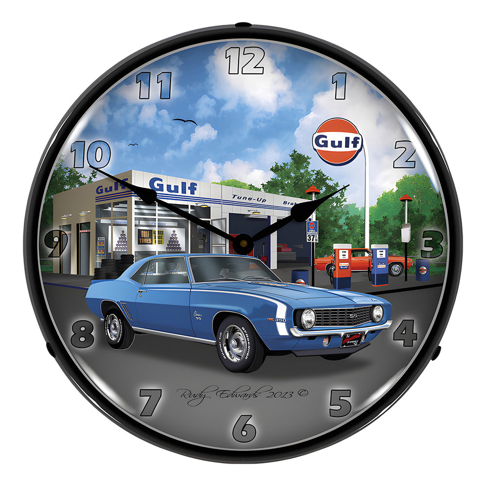 Collectable Sign and Clock 1969 SS Camaro Gulf Backlit Wall Clock-GMRE1306450-Garage Giant