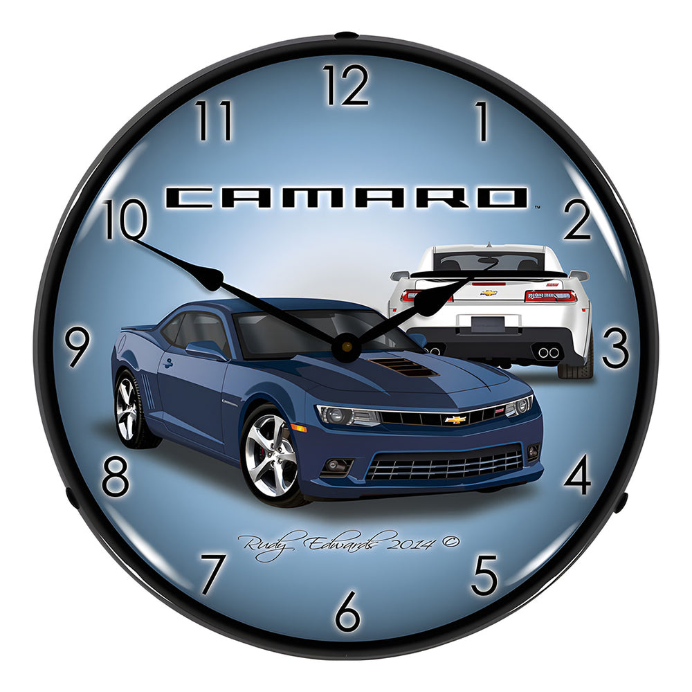 Collectable Sign and Clock 2014 SS Blue Camaro Backlit Wall Clock-GMRE1401486-Garage Giant