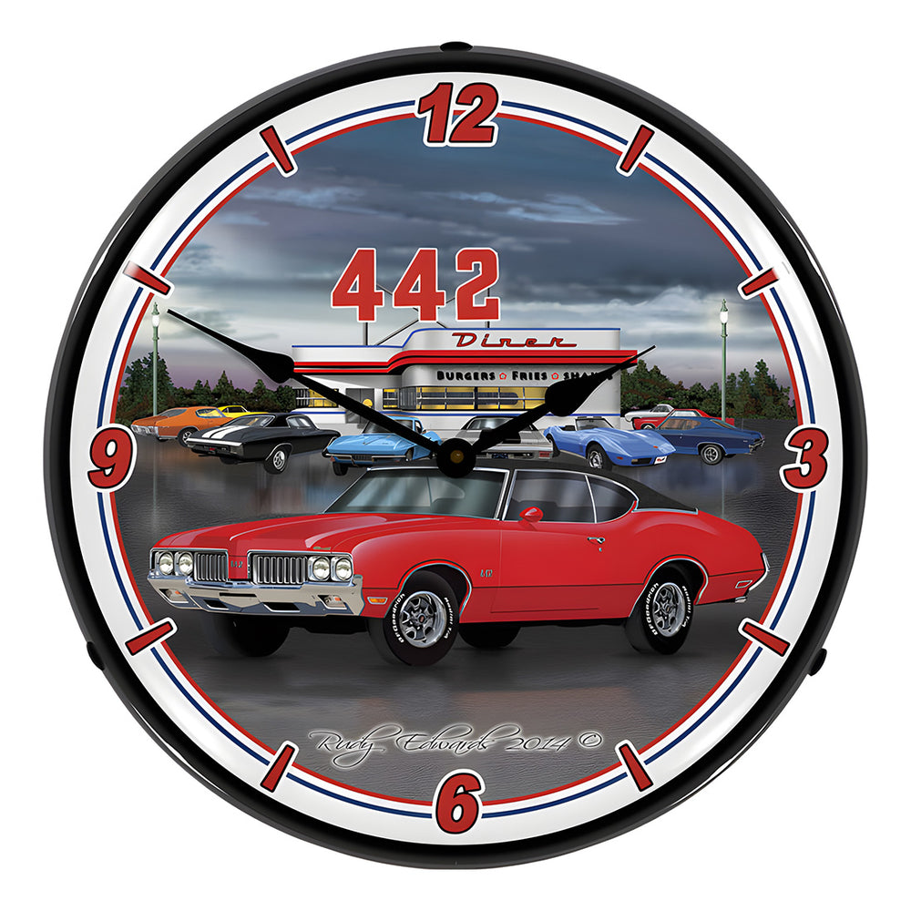 Collectable Sign and Clock 1970 442 Oldsmobile Backlit Wall Clock-GMRE1408531-Garage Giant