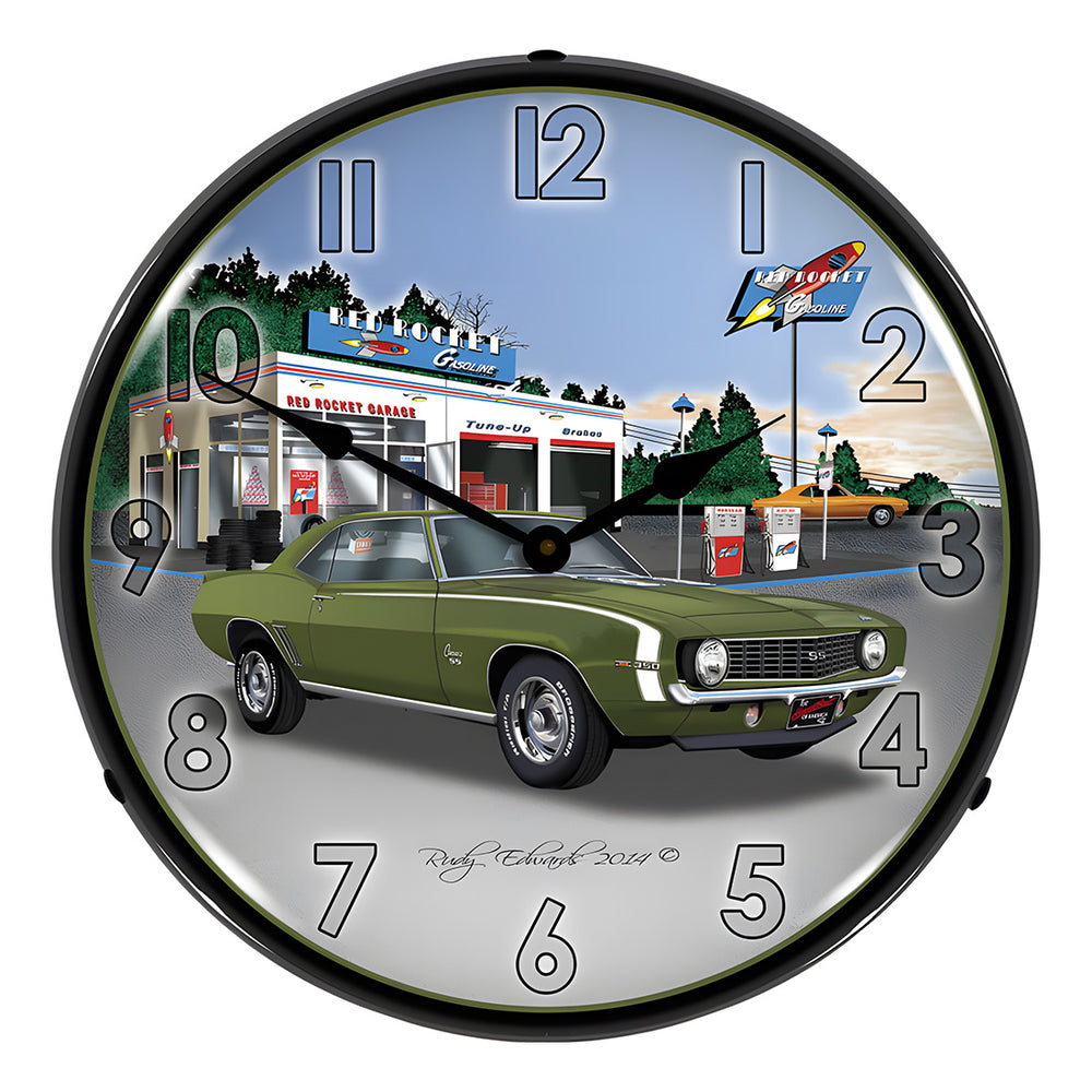 Collectable Sign and Clock 1969 Camaro SS Rocket Backlit Wall Clock-GMRE1408532-Garage Giant