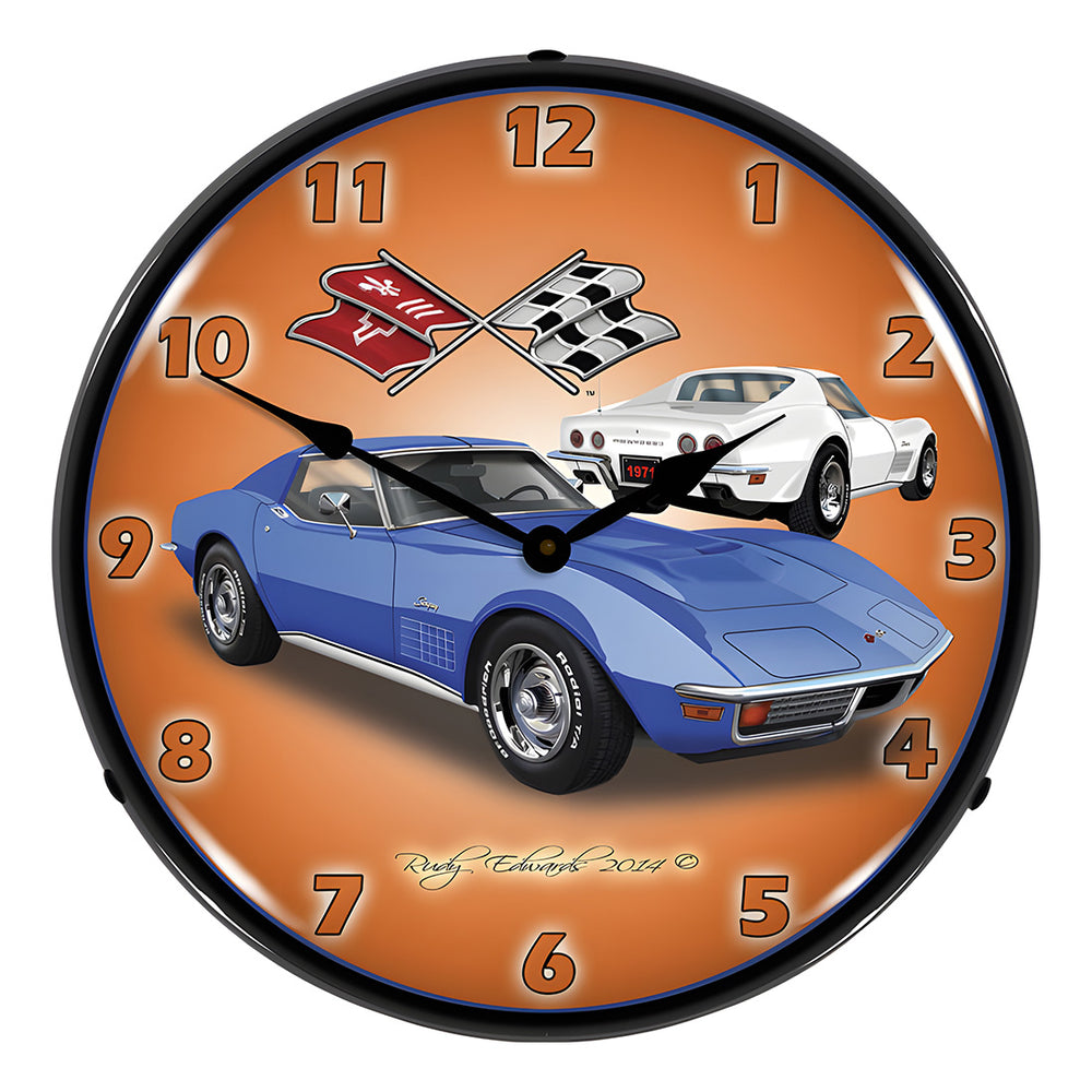 Collectable Sign and Clock 1971 Blue Corvette Stingray Backlit Wall Clock-GMRE1408542-Garage Giant
