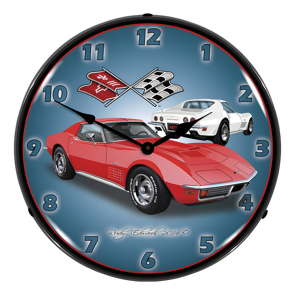 Collectable Sign and Clock 1971 Red Corvette Stingray Backlit Wall Clock-GMRE1408543-Garage Giant