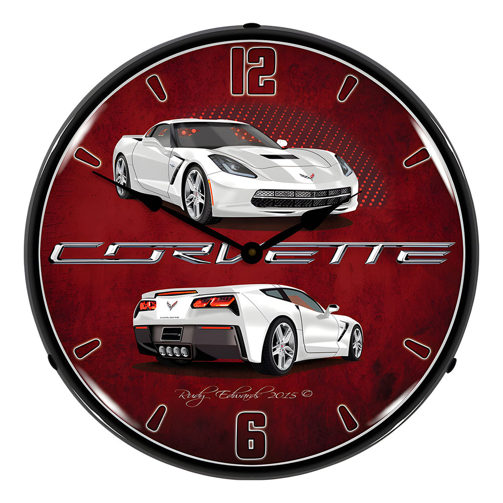 Collectable Sign and Clock C7 Corvette Arctic White Backlit Wall Clock-GMRE1502568-Garage Giant