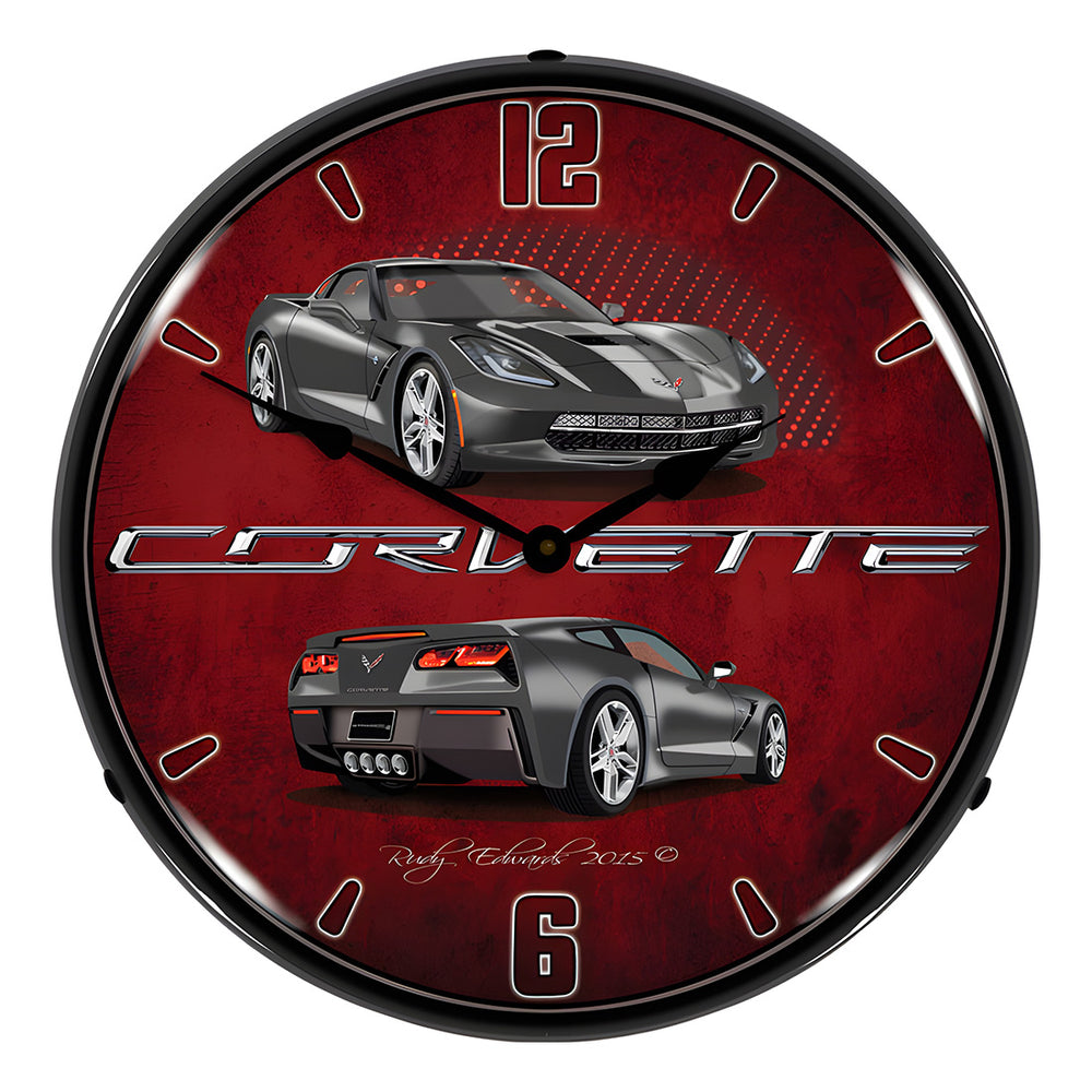 Collectable Sign and Clock C7 Corvette Cyber Grey Backlit Wall Clock-GMRE1502572-Garage Giant