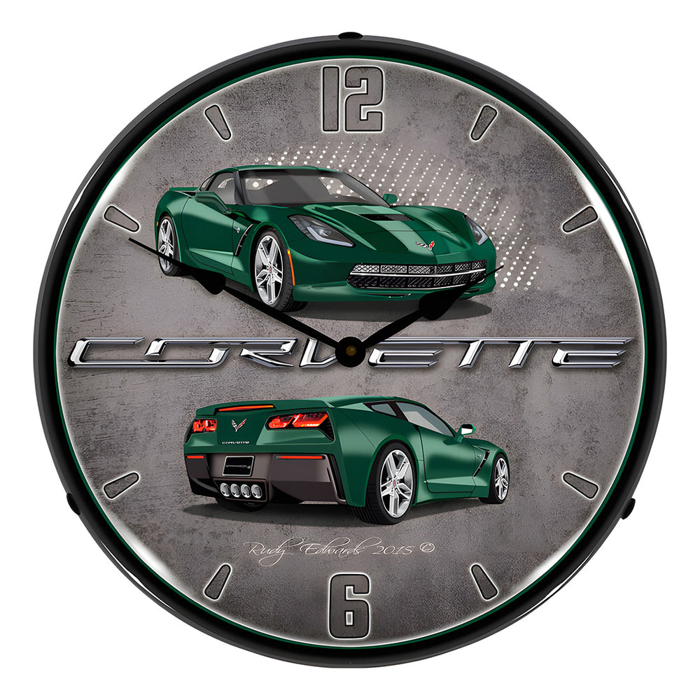 Collectable Sign and Clock C7 Corvette Lime Rock Green Backlit Wall Clock-GMRE1502574-Garage Giant
