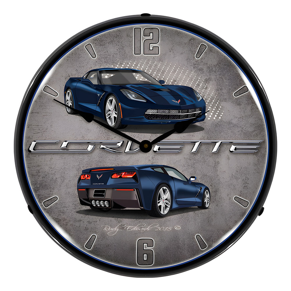 Collectable Sign and Clock C7 Corvette Night Race Blue Backlit Wall Clock-GMRE1502575-Garage Giant