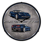 Collectable Sign and Clock C7 Corvette Night Race Blue Backlit Wall Clock-GMRE1502575-Garage Giant 