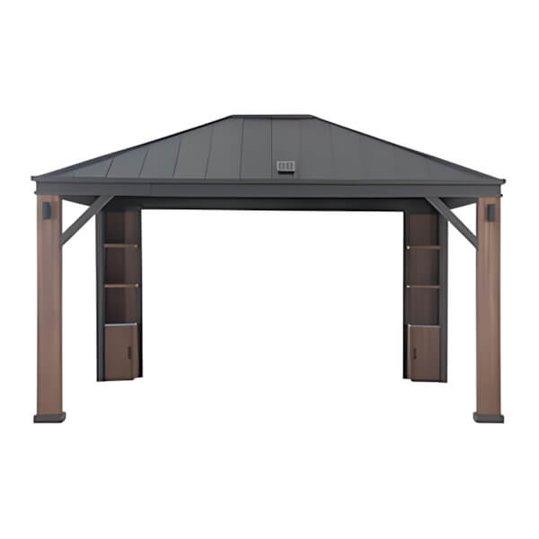 Sunjoy Group 12 x 14 Solar Powered Steel Hardtop Wooden Gazebo with LED Light and Bluetooth Sound-A102012800-Garage Giant