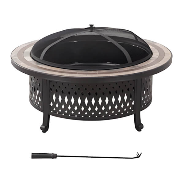 Sunjoy Group 40-Inch Steel Wood Burning Fire Pit with Ceramic Tile Table Top and Fire Poker