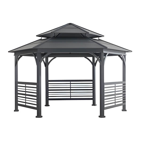 Sunjoy Group 15' x 15’ Hexagon Double Tiered Metal Gazebo with Decorative Fence and Ceiling Hook-A102022300-Garage Giant