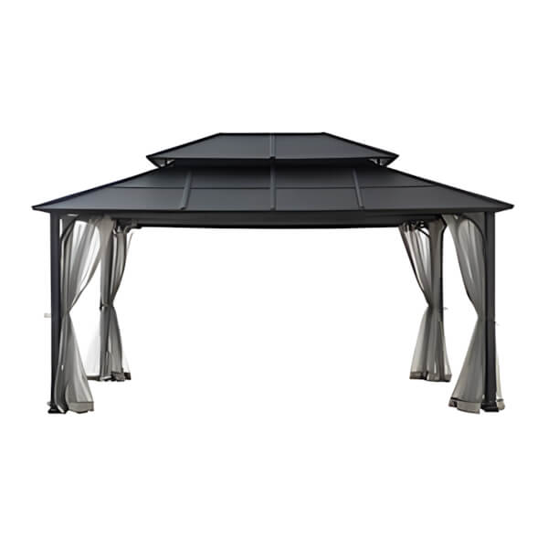 Sunjoy Group 12 x 16 Steel Gazebo with 2-Tier Roof Hardtop Gazebo with Ceiling Hook and Netting-A102009141-Garage Giant