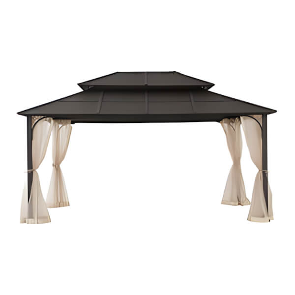 Sunjoy Group 12 x 16 Steel Gazebo with 2-Tier Roof Hardtop Gazebo with Ceiling Hook and Netting-A102009140-Garage Giant