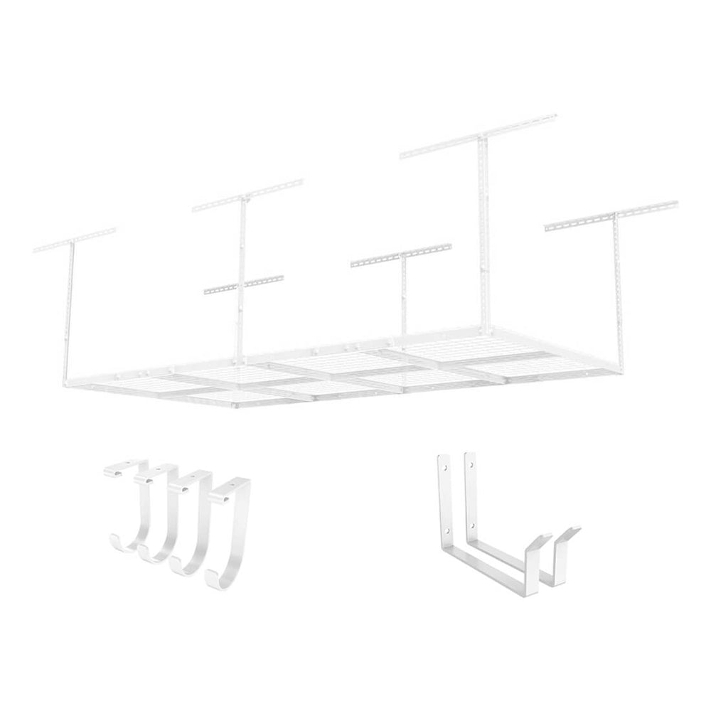 Fleximounts 4' x 8' Overhead Storage Rack with Hooks (White)-FLX-GR48-H-WHT-Garage Giant