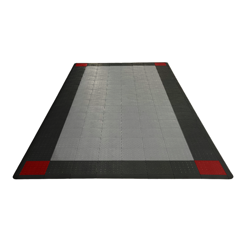 Swisstrax Single Car Garage Floor Mat In Diamondtrax Home Tiles (Border - Black, Silver, Red)-MAT-DTHM-4CNR300-Garage Giant
