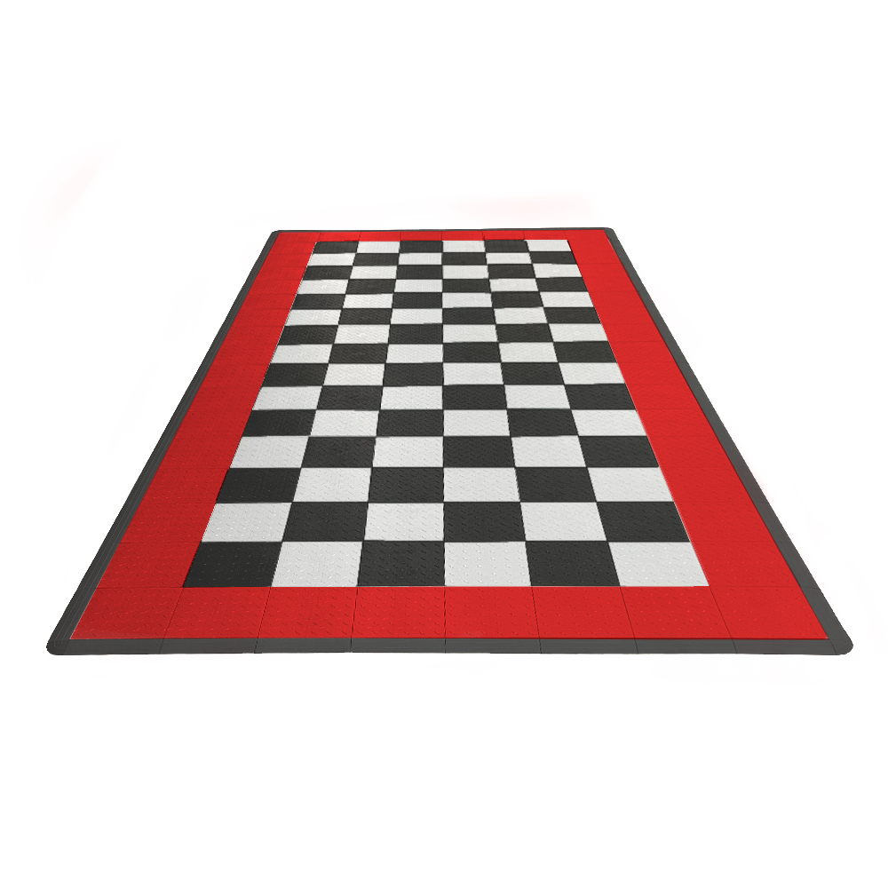 Swisstrax Single Car Garage Floor Mat In Diamondtrax Home Tiles (Border - Black, White, Red)-MAT-DTHM-BRDR600-Garage Giant