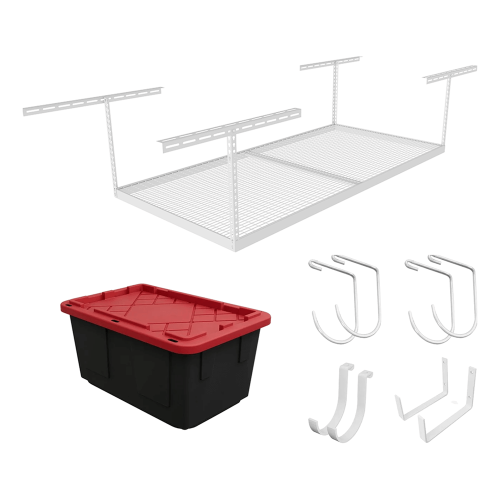 MonsterRAX 4' x 8' Overhead Storage Rack with 12-24-Inch Drop and 5 Red Bins (White)-MR-SB-48PKBR-W-Pack-12-Garage Giant