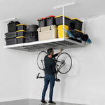 MonsterRAX 4' x 8' Overhead Storage Rack with 12-24-Inch Drop and 5 Red Bins (White)-MR-SB-48PKBR-W-Pack-12-Garage Giant 