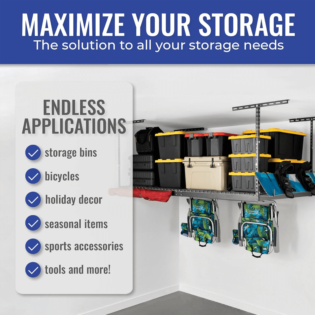 MonsterRAX 4' x 8' Overhead Storage Rack with 24-45-Inch Drop and 5 ...