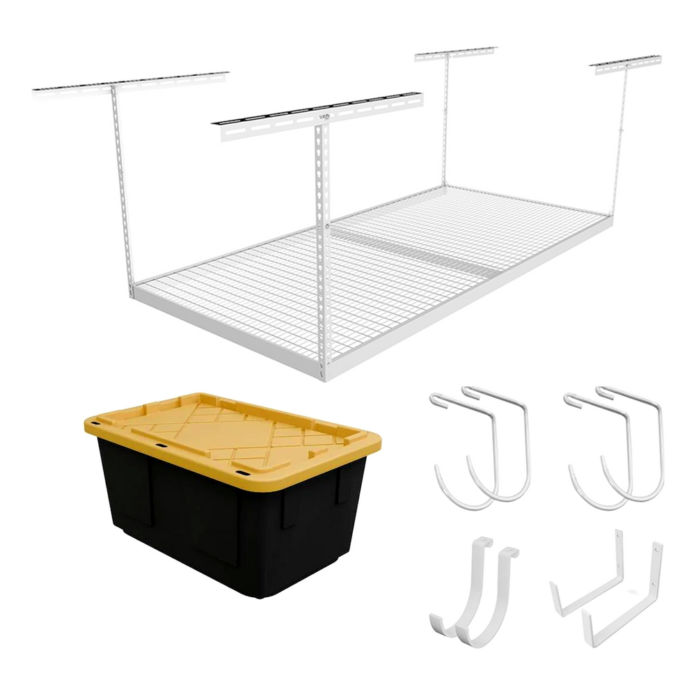MonsterRAX 4' x 8' Overhead Storage Rack with 24-45-Inch Drop and 5 Yellow Bins (White)-MR-SB-48PKBY-W-Pack-24-Garage Giant