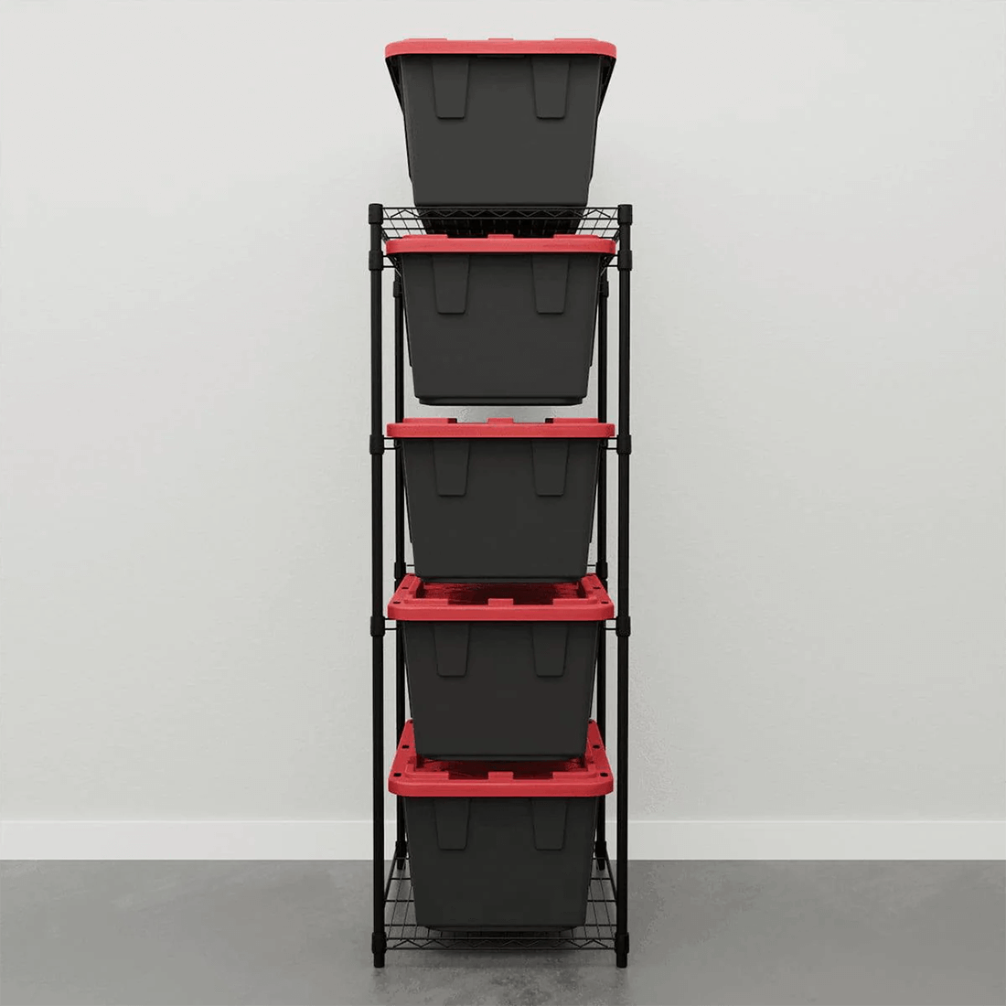 MonsterRAX Storage Bin Rack with Red Lid Bins (Black) | Garage Giant ...