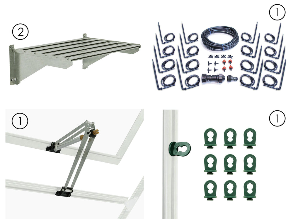 Palram-Canopia Greenhouse Accessories Bundle with shelves, dip irrigation, automatic vent opener and plant hangers-HGK105-Garage Giant